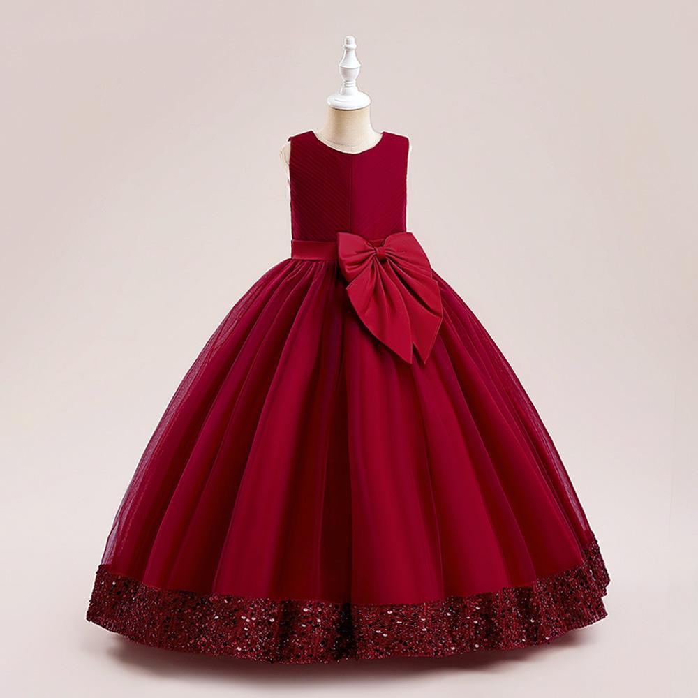 Fluffy Sequin Bridemaid Princess Girls Dress Elegant Bow Pink Wedding Prom Evening Kids Party Dresses for Girl Birthday Costumes