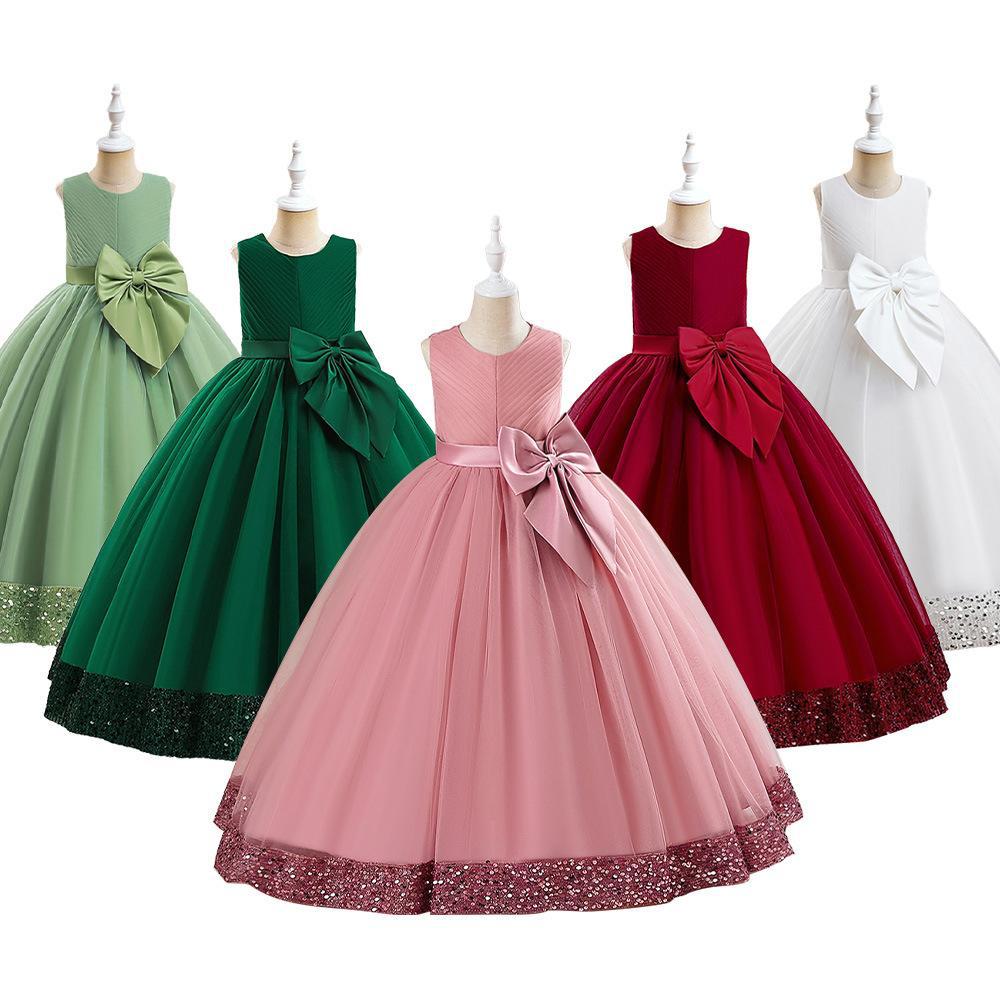 Fluffy Sequin Bridemaid Princess Girls Dress Elegant Bow Pink Wedding Prom Evening Kids Party Dresses for Girl Birthday Costumes