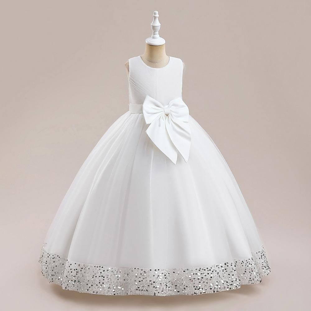 Fluffy Sequin Bridemaid Princess Girls Dress Elegant Bow Pink Wedding Prom Evening Kids Party Dresses for Girl Birthday Costumes