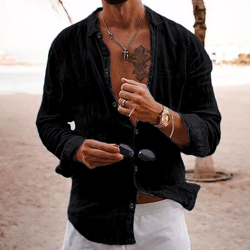 Men Cotton Linen Long Sleeve Blouse Tops Casual Male Sand Beachwear Holiday Loose Blouse Shirts