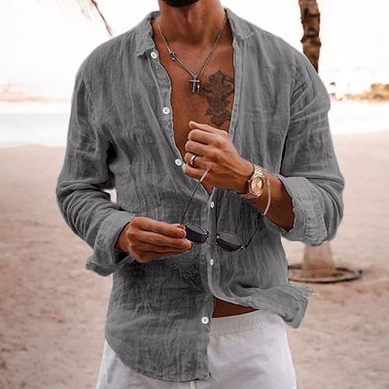 Men Cotton Linen Long Sleeve Blouse Tops Casual Male Sand Beachwear Holiday Loose Blouse Shirts