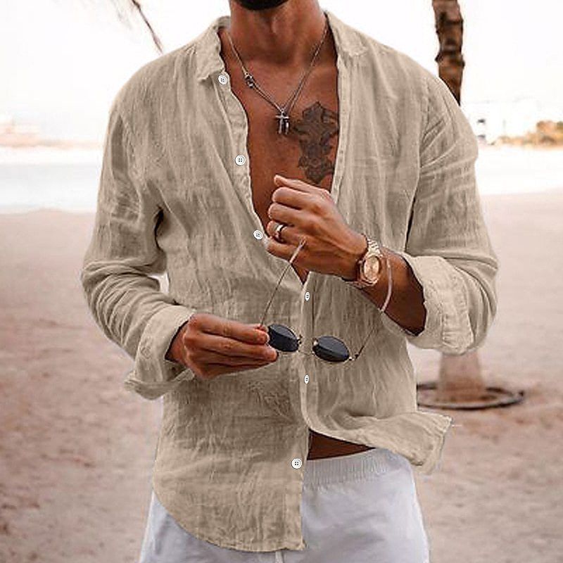 Men Cotton Linen Long Sleeve Blouse Tops Casual Male Sand Beachwear Holiday Loose Blouse Shirts