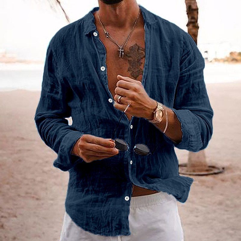 Men Cotton Linen Long Sleeve Blouse Tops Casual Male Sand Beachwear Holiday Loose Blouse Shirts