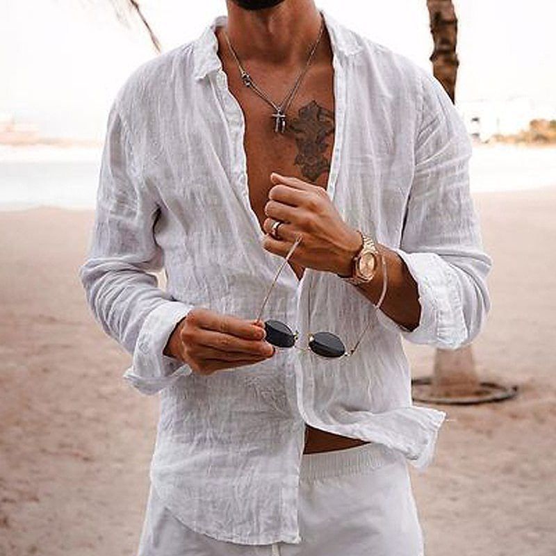Men Cotton Linen Long Sleeve Blouse Tops Casual Male Sand Beachwear Holiday Loose Blouse Shirts