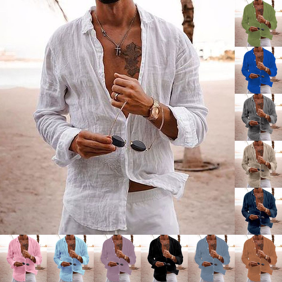 Men Cotton Linen Long Sleeve Blouse Tops Casual Male Sand Beachwear Holiday Loose Blouse Shirts