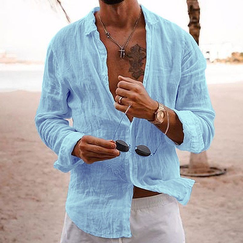 Men Cotton Linen Long Sleeve Blouse Tops Casual Male Sand Beachwear Holiday Loose Blouse Shirts