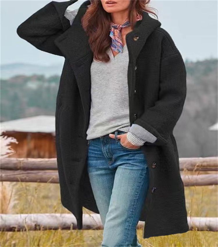 Women Solid Color Loose Cardigan Trench Coat Autumn Winter Woolen Coat Women Long Sleeve Single Breasted Hooded Woolen Long Coat