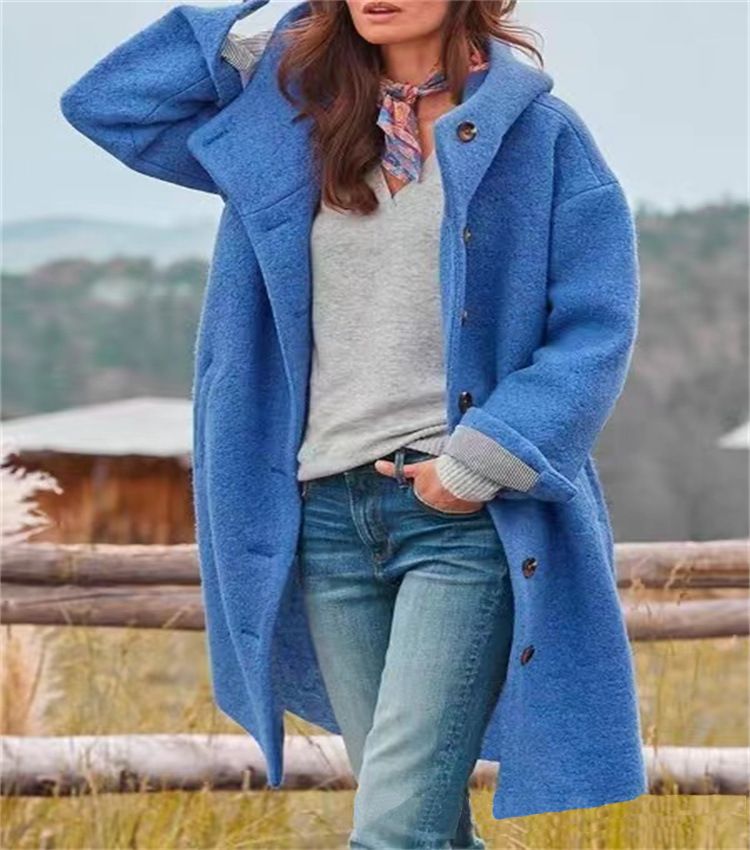 Women Solid Color Loose Cardigan Trench Coat Autumn Winter Woolen Coat Women Long Sleeve Single Breasted Hooded Woolen Long Coat