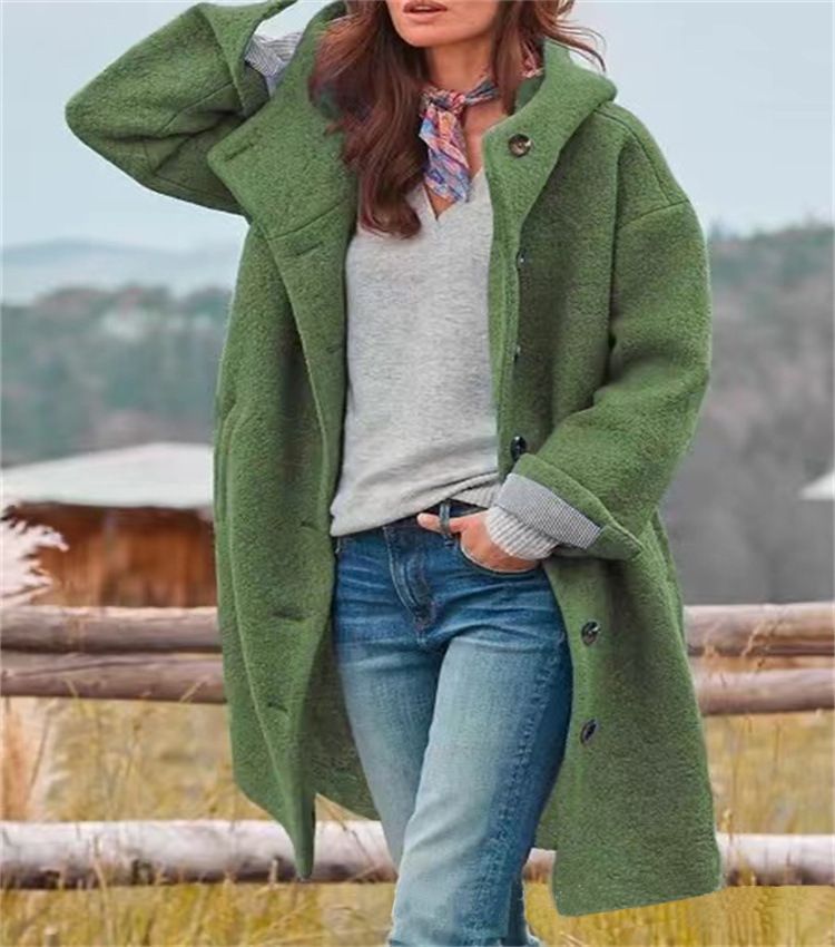 Women Solid Color Loose Cardigan Trench Coat Autumn Winter Woolen Coat Women Long Sleeve Single Breasted Hooded Woolen Long Coat