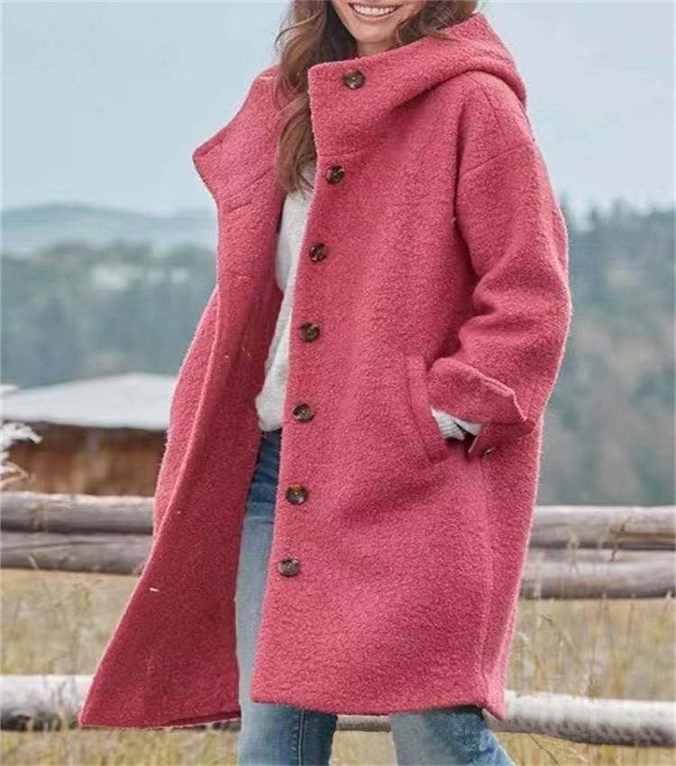 Women Solid Color Loose Cardigan Trench Coat Autumn Winter Woolen Coat Women Long Sleeve Single Breasted Hooded Woolen Long Coat