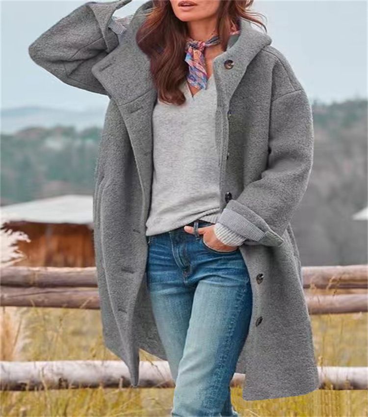 Women Solid Color Loose Cardigan Trench Coat Autumn Winter Woolen Coat Women Long Sleeve Single Breasted Hooded Woolen Long Coat
