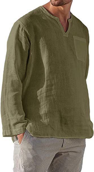 Men's Cotton Linen Shirt Cozy Solid Color Long Sleeve Breathable Tops V Neck Casual Blouse Hawaiian Shirt Lightweight Shirts
