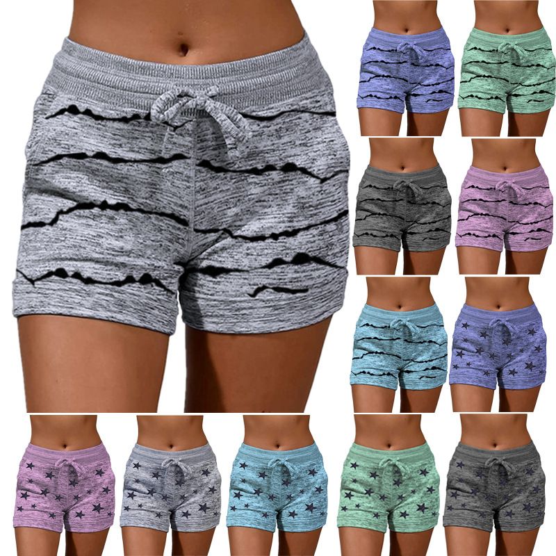 Women Striped Print Quick Dry Sport Shorts Summer Lady Drawstring Running Ride Yoga Trousers