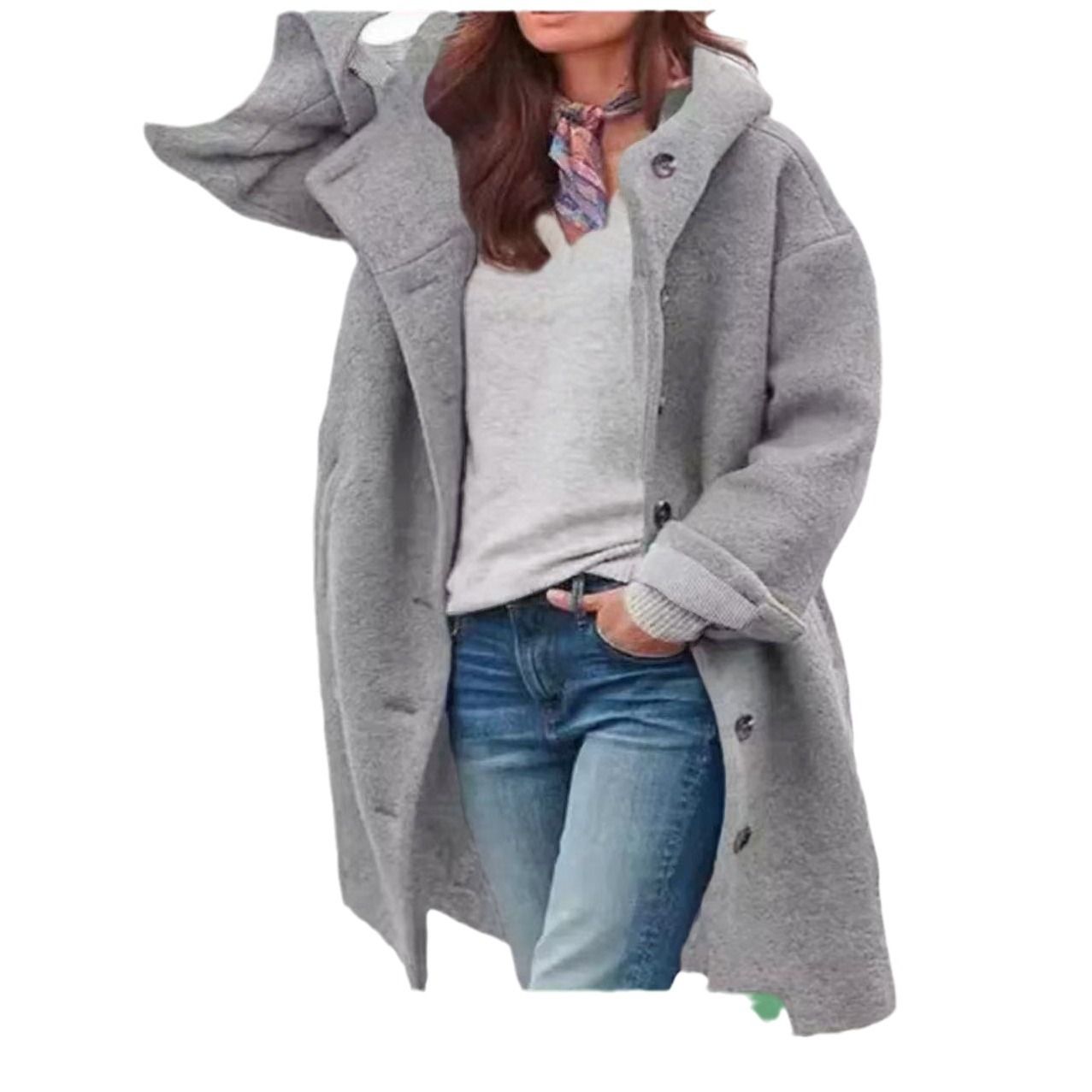 Women Solid Color Loose Cardigan Trench Coat Autumn Winter Woolen Coat Women Long Sleeve Single Breasted Hooded Woolen Long Coat