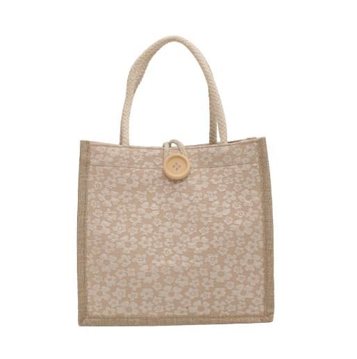 New Linen Handbag Button Zipper Gift Packing Bag Flower Pattern Large Grocery Bag Women Beach Tote Bag Portable Lunch Bag