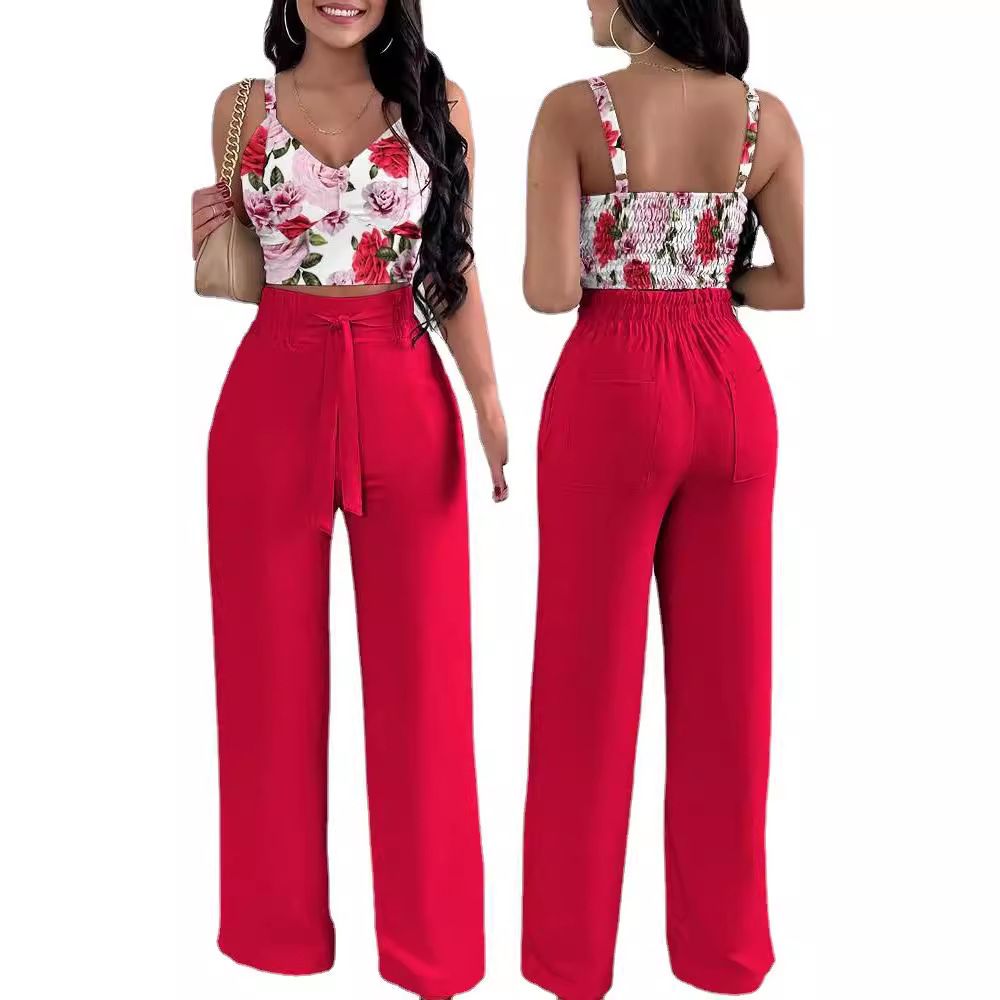 Summer New Women's Fashion Solid Color Printing Sling Top Trousers Two-Piece Suit Clothes Set