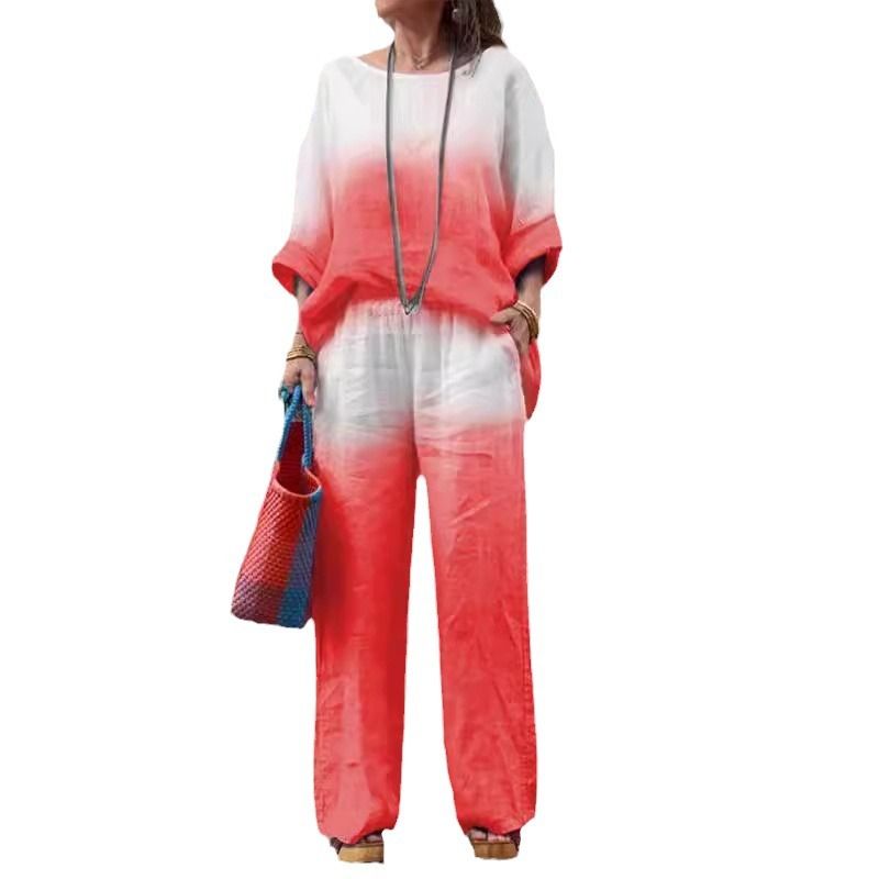 Gradient Cotton And Linen 2 Piece Sets Women Outfit For Women Summer Fashion Pocket Pant Sets Casual Loose Pullover Shirt Suit