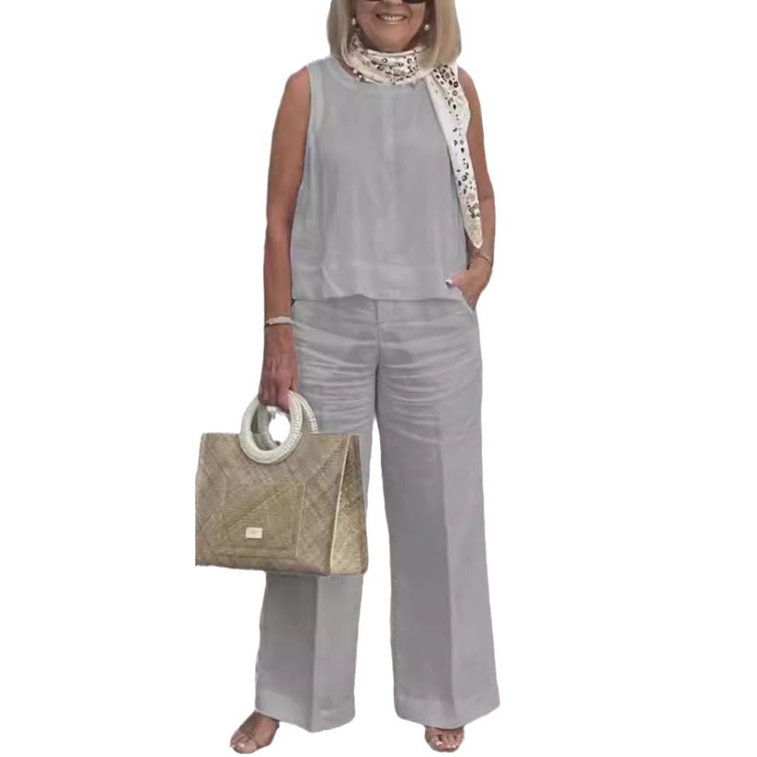 Simple Cotton Linen Women's Suits Summer Fashion Sleeveless Loose Blouse Wide Leg Pants Two Piece Set For Women Casual Outfits