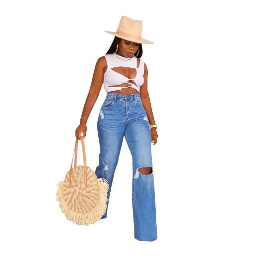 Women Jeans Wide Leg Pants Denim High Waist Zipper Fly Washing Holes Pockets High Street Ankle Length Flash Spring
