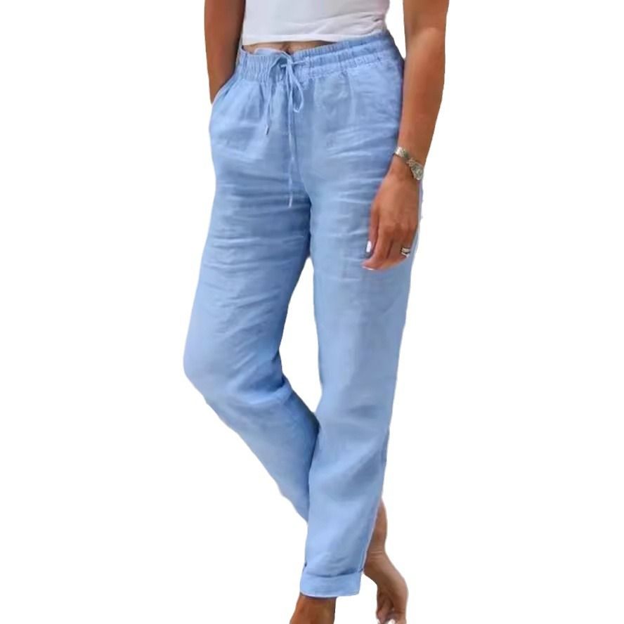 Cotton Linen Summer Pants for Women High Waist Elastic Casual Trousers Streetwear Solid Female Clothes Loose Pencil Pants