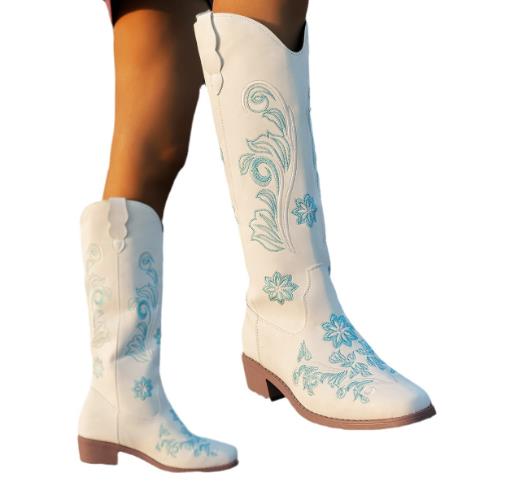 Retro Embroidery Boots Fashion Slip on Shoes Ladies Pointed Toe Chunky Heels Long Knight Goth Boots Women