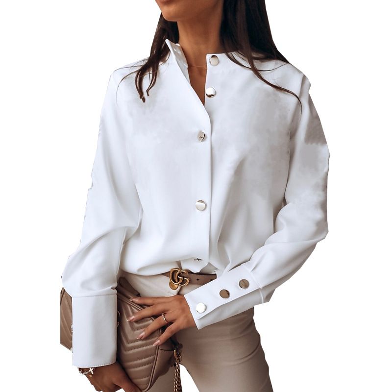 Long Sleeve Stand Collar Office Lady Tops Button Up Women Blouse White Casual Woman Shirt Fashion Black Loose Shirts