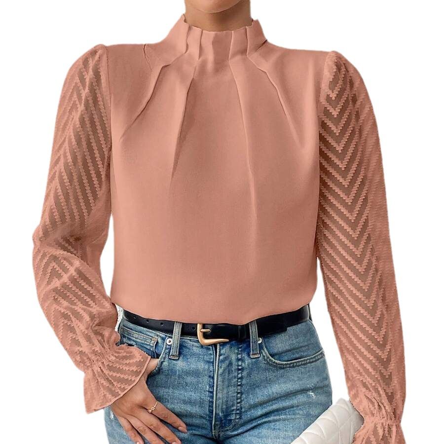 Elegant Blouse White Women's Shirt New Half High Neck Spliced Wave Pattern Chiffon Long sleeved Top Office Lady