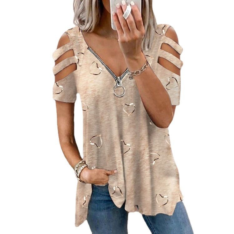 Women Summer Top V Neck Low-cut Hollow Out Short Sleeves T-shirt Match Pants Loose Plus Size Women Blouse Women Clothes