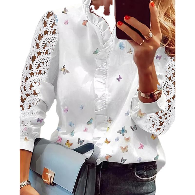 Autumn Fashion Butterfly Print Women Blouses Lace Long Sleeve Ruffle V-Neck Blouse Shirt Casual Tee Tops Elegant Work Shirt