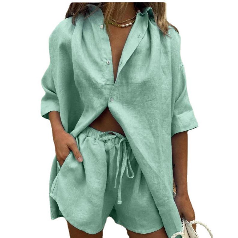 Women Solid Shirts Set Half Sleeve Lapel Neck Button-up Cotton and Linen suit Shirts Irregular Hem Drawstring Shorts Sets