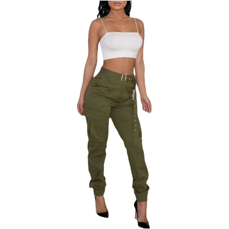 Plus Size Pants Women Casual High Waist Cargo Pants Women Loose Green Red Khaki Trousers Pockets Elastic Waist Trousers