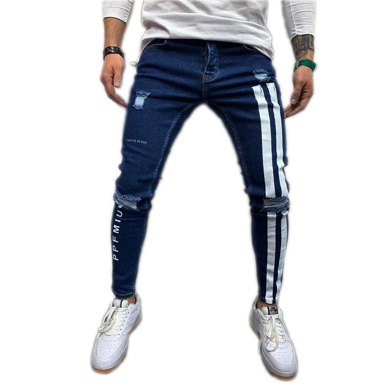 Men Jeans Knee Hole Ripped Stretch Skinny Denim Pants Solid Color Black Blue Autumn Summer Hip-Hop Style Slim Fit Trousers S-3XL