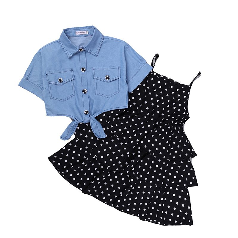 2Pcs Kids Dresses for Girls Elegant Sling Princess Dress Blue Denim Jacket 3-11 Years Girl Flower Dress Summer Children Clothes