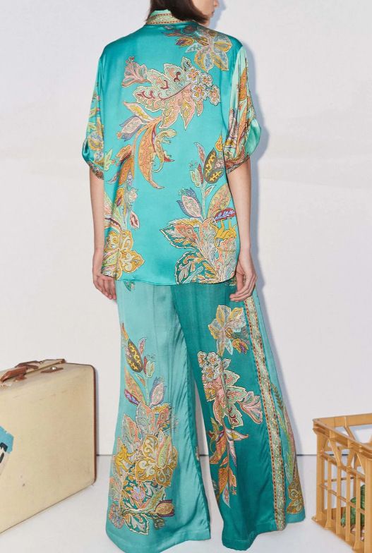 Women Two-Piece Set Suit Graffiti Printing Short Sleeved Lapel Shirt+Elastic Waist Casual Wide Leg Pants Home Loose Outfits