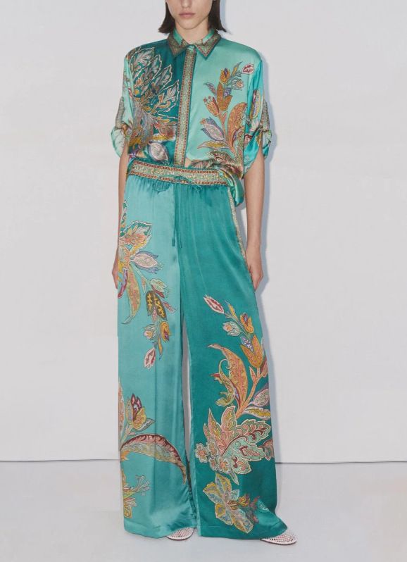 Women Two-Piece Set Suit Graffiti Printing Short Sleeved Lapel Shirt+Elastic Waist Casual Wide Leg Pants Home Loose Outfits