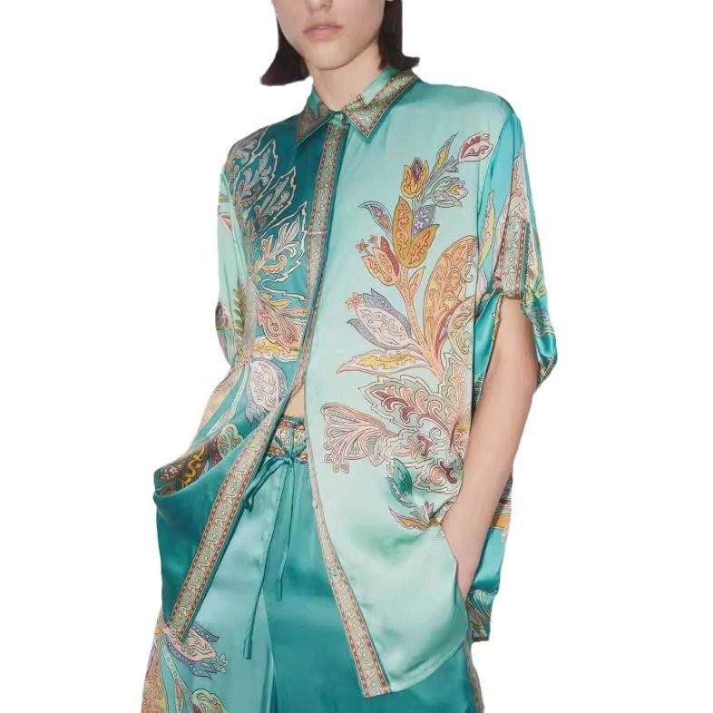 Women Two-Piece Set Suit Graffiti Printing Short Sleeved Lapel Shirt+Elastic Waist Casual Wide Leg Pants Home Loose Outfits