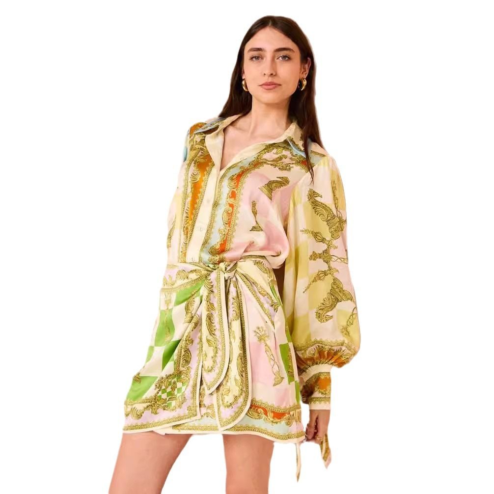 Satin Unique Print Tie-up Design Wrap Mini Dress Elegant Women Vintage Trend Holiday Lantern Balloon Sleeves Dresses Chic Robe