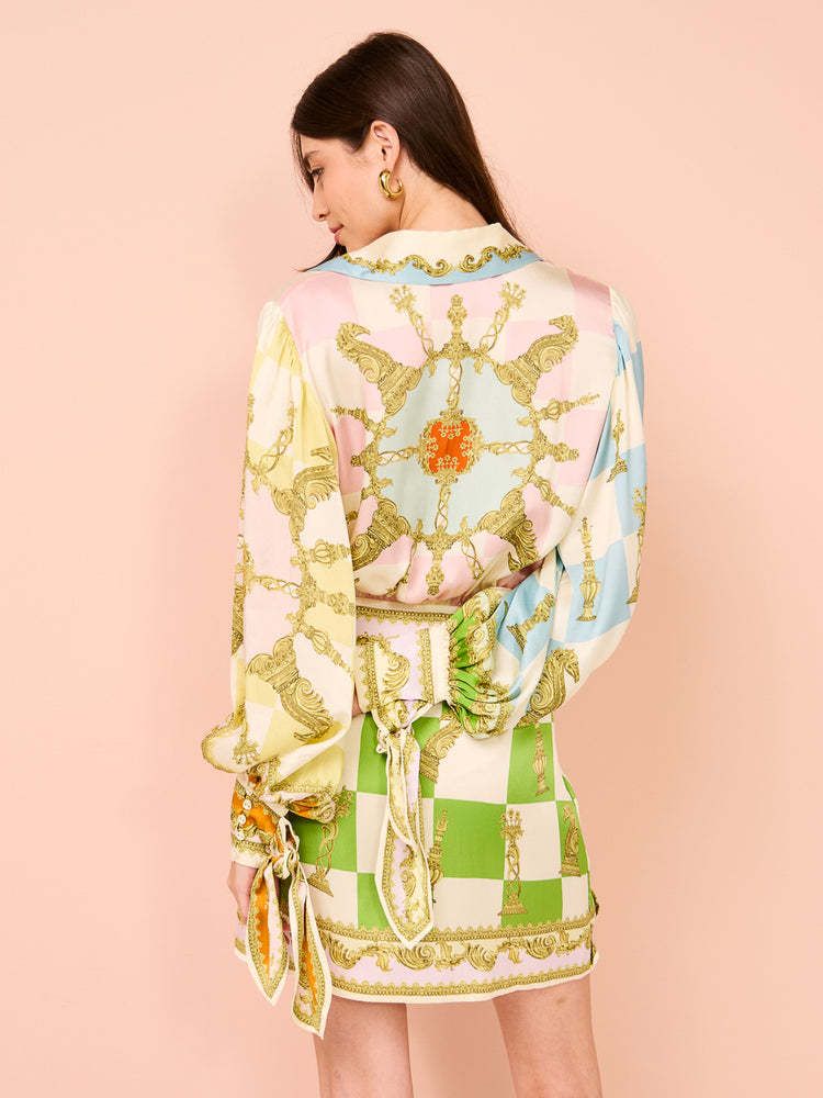 Satin Unique Print Tie-up Design Wrap Mini Dress Elegant Women Vintage Trend Holiday Lantern Balloon Sleeves Dresses Chic Robe