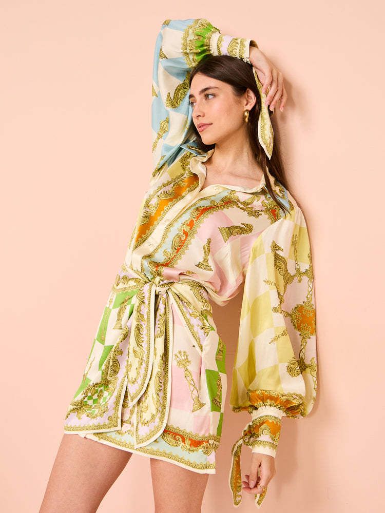 Satin Unique Print Tie-up Design Wrap Mini Dress Elegant Women Vintage Trend Holiday Lantern Balloon Sleeves Dresses Chic Robe