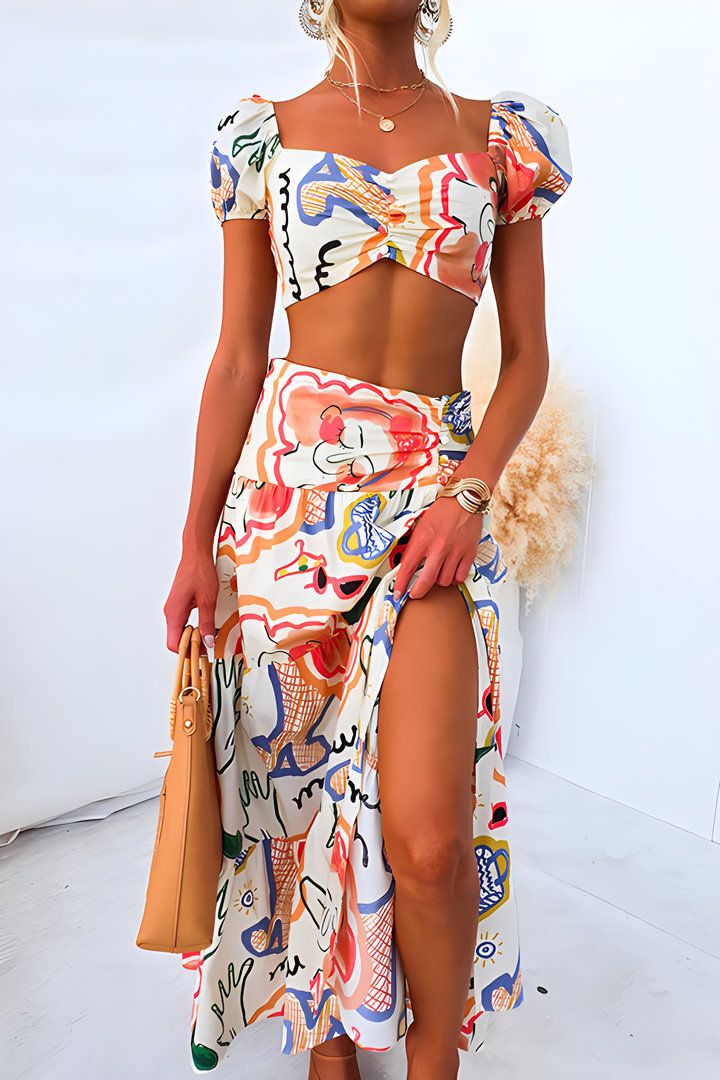 Short Top Maxi Skirts Two Pieces Sets Women Summer Loungewear Printing Patchwork Outfit Fashion Beach Style Ladies Suits