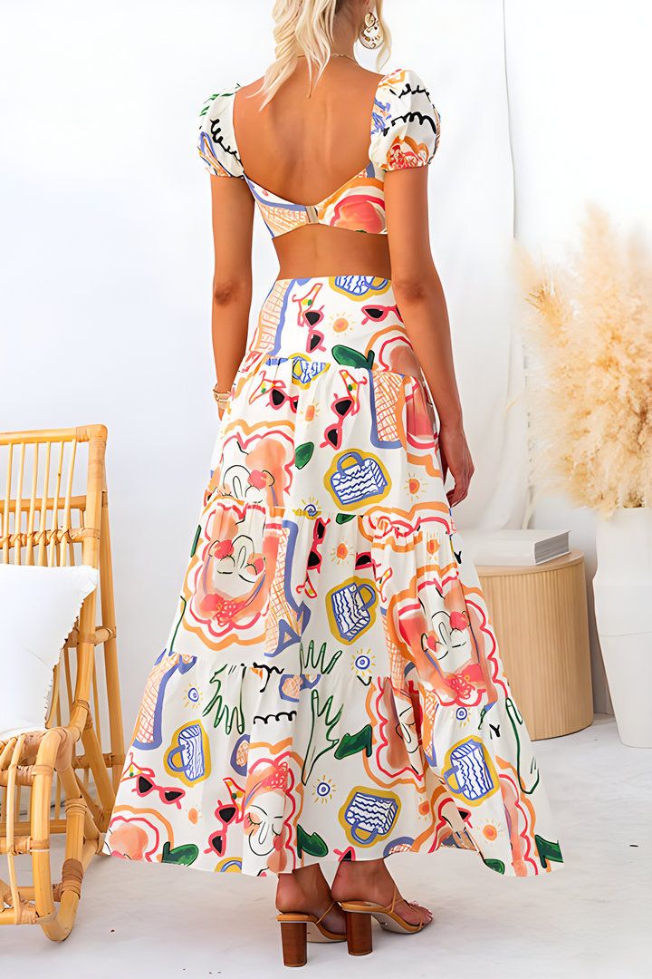 Short Top Maxi Skirts Two Pieces Sets Women Summer Loungewear Printing Patchwork Outfit Fashion Beach Style Ladies Suits
