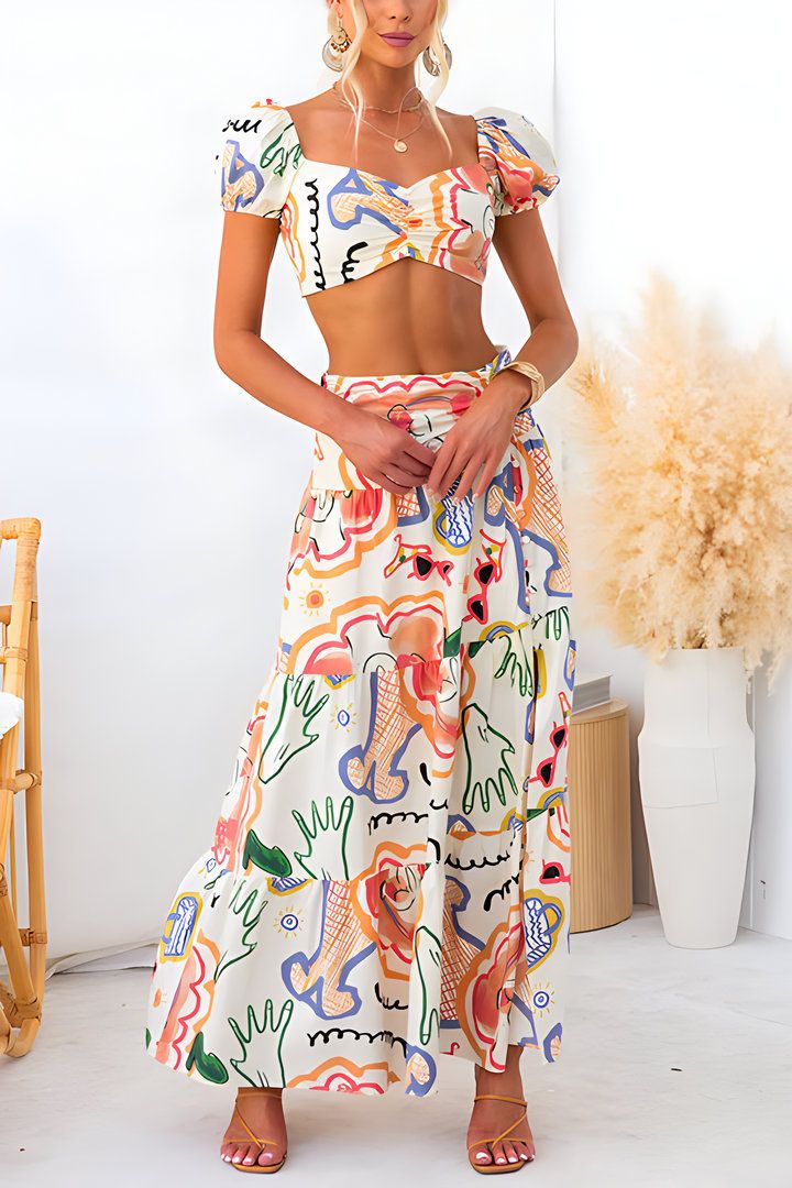 Short Top Maxi Skirts Two Pieces Sets Women Summer Loungewear Printing Patchwork Outfit Fashion Beach Style Ladies Suits