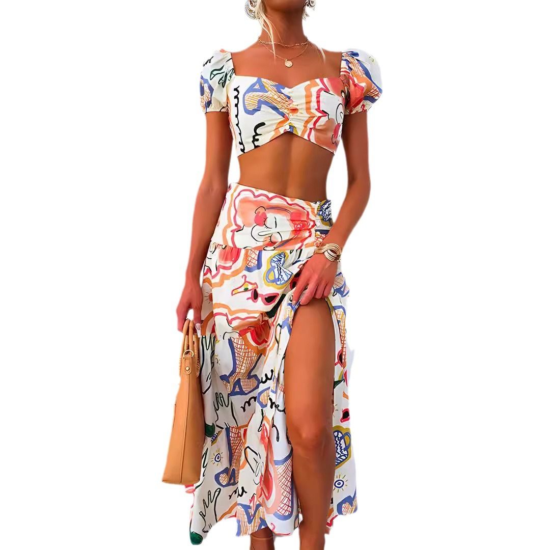 Short Top Maxi Skirts Two Pieces Sets Women Summer Loungewear Printing Patchwork Outfit Fashion Beach Style Ladies Suits