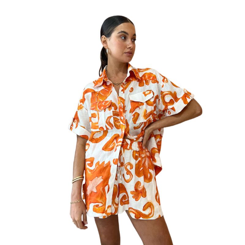 Holiday Printed Two Piece Set For Women Casual Loose Beach Outfits Short Sleeves Shirt Mini Shorts 2 Piece Sets Fashion New