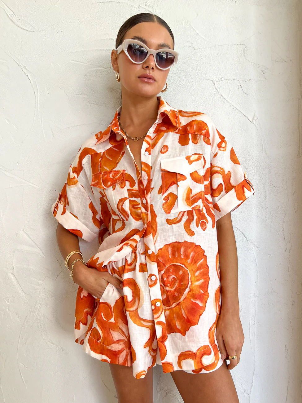 Holiday Printed Two Piece Set For Women Casual Loose Beach Outfits Short Sleeves Shirt Mini Shorts 2 Piece Sets Fashion New