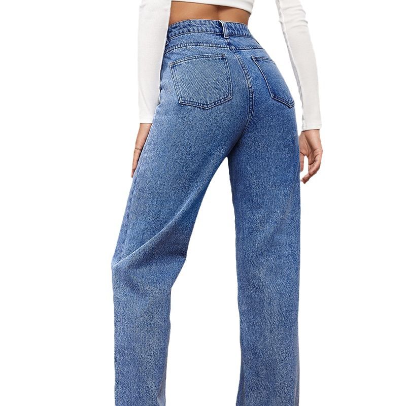 Spring Summer New Jeans Women Stretch Washed Denim Straight-Leg Pants Trousers Women Fashion High Waist Button Zipper Jeans