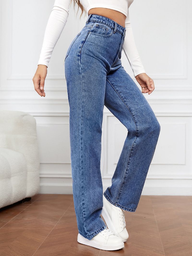 Spring Summer New Jeans Women Stretch Washed Denim Straight-Leg Pants Trousers Women Fashion High Waist Button Zipper Jeans