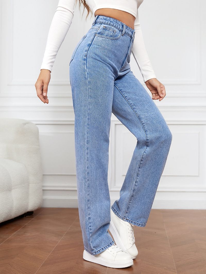 Spring Summer New Jeans Women Stretch Washed Denim Straight-Leg Pants Trousers Women Fashion High Waist Button Zipper Jeans