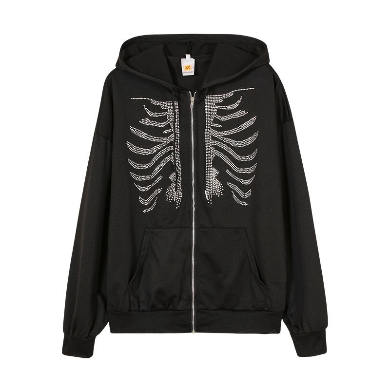 Skeleton Hoodies Women Gothic Black Zip Up Oversized Sweatshirts Female Retro Harajuku Hooded Jacket Streetwear