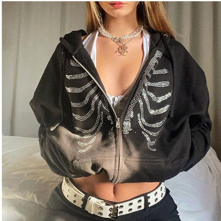 Skeleton Hoodies Women Gothic Black Zip Up Oversized Sweatshirts Female Retro Harajuku Hooded Jacket Streetwear